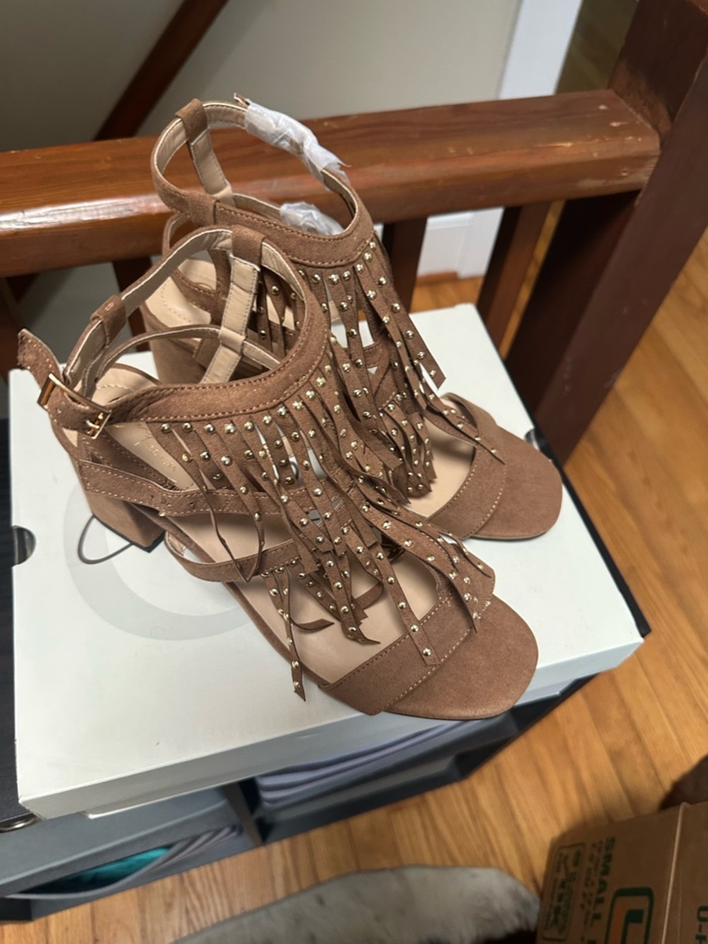 Cato Brown Fringe Stud Block Heel Sandals